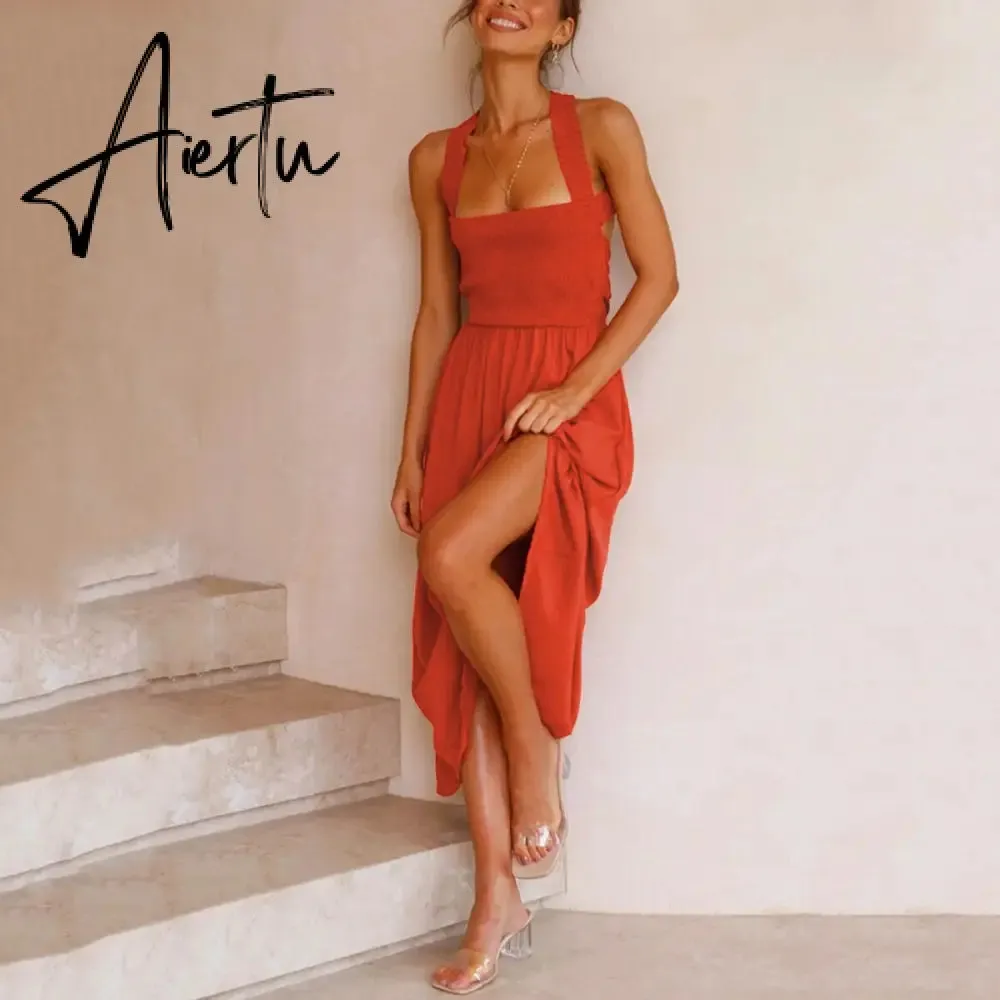 Backless Criss Cross Elastic Bust Somcking Orange Women A-line Elegant Maxi Dress Sundress Pockets Tank Solid Vestido Summer