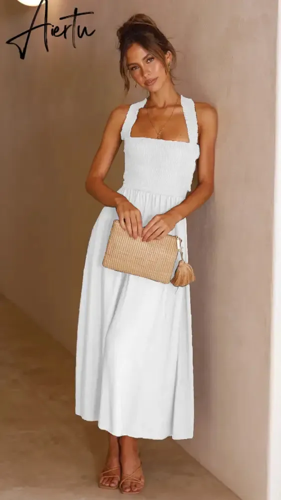 Backless Criss Cross Elastic Bust Somcking Orange Women A-line Elegant Maxi Dress Sundress Pockets Tank Solid Vestido Summer