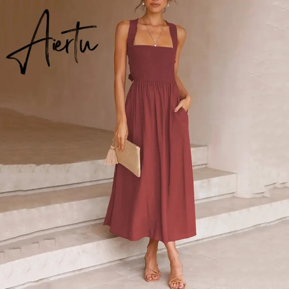 Backless Criss Cross Elastic Bust Somcking Orange Women A-line Elegant Maxi Dress Sundress Pockets Tank Solid Vestido Summer