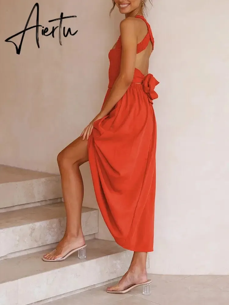 Backless Criss Cross Elastic Bust Somcking Orange Women A-line Elegant Maxi Dress Sundress Pockets Tank Solid Vestido Summer