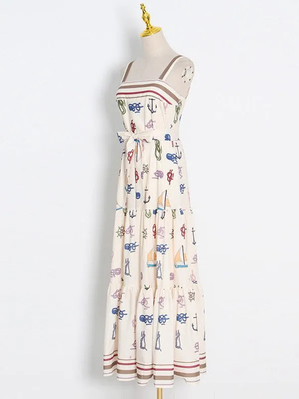 Beach Print Cutout Sundress Maxi Dress