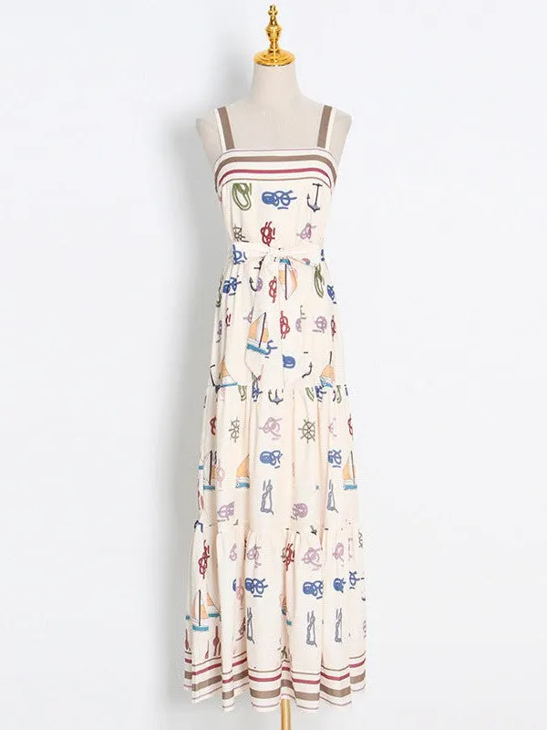 Beach Print Cutout Sundress Maxi Dress