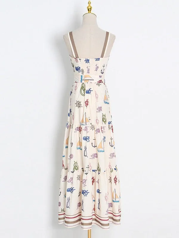 Beach Print Cutout Sundress Maxi Dress
