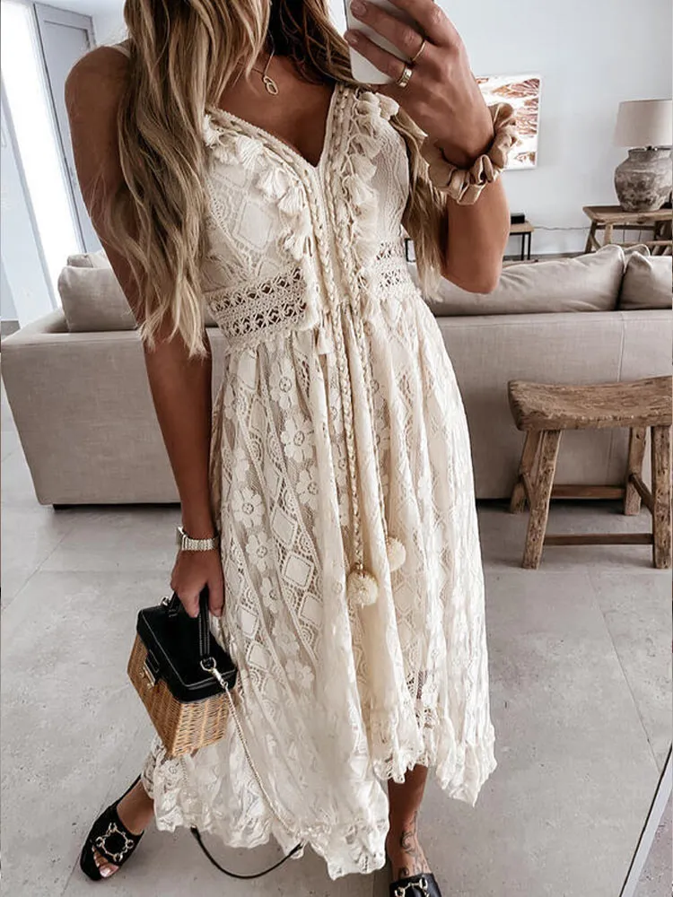 BerriesJam - 2024 Vintage Lace Sundress Maxi White Sundress