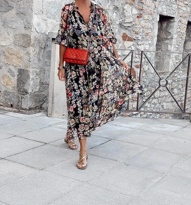 BerriesJam - Boho Loose Floral Beach V-Neck Sundress