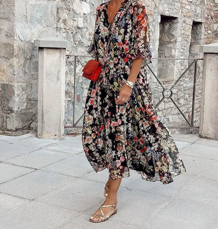 BerriesJam - Boho Loose Floral Beach V-Neck Sundress