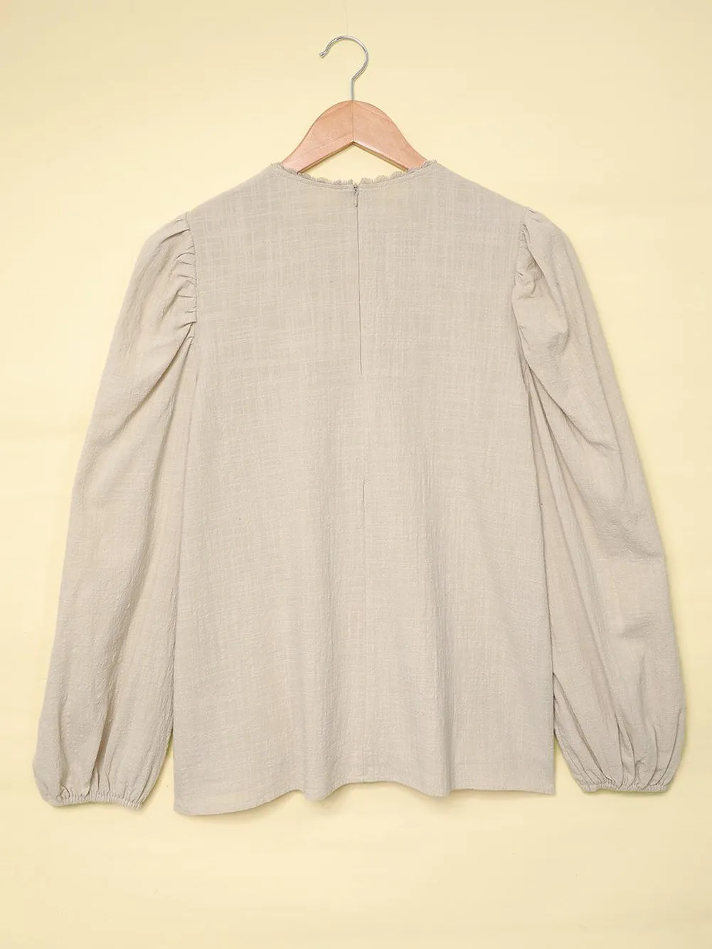 Billowed Puff Sleeve Cotton & Linen Blouse with Crew Neck