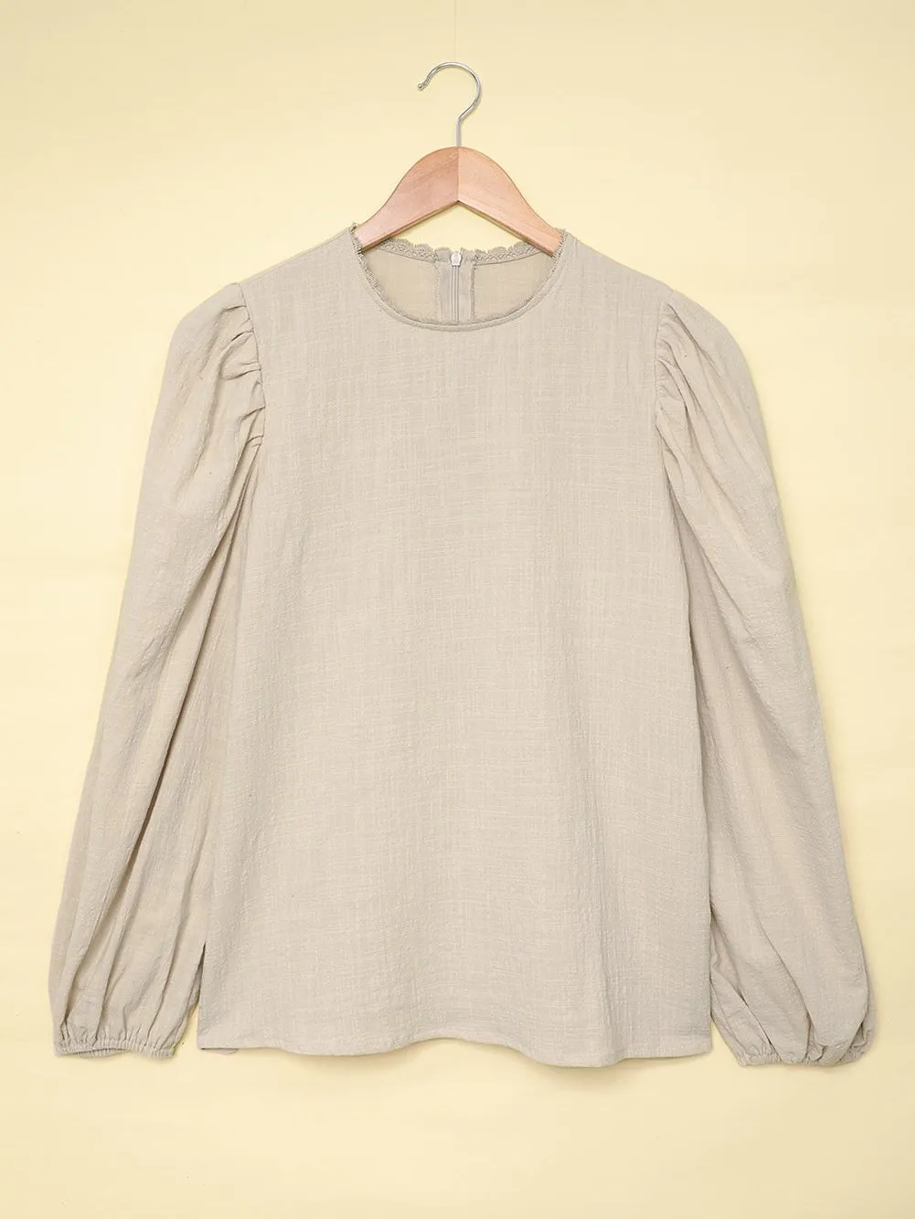 Billowed Puff Sleeve Cotton & Linen Blouse with Crew Neck
