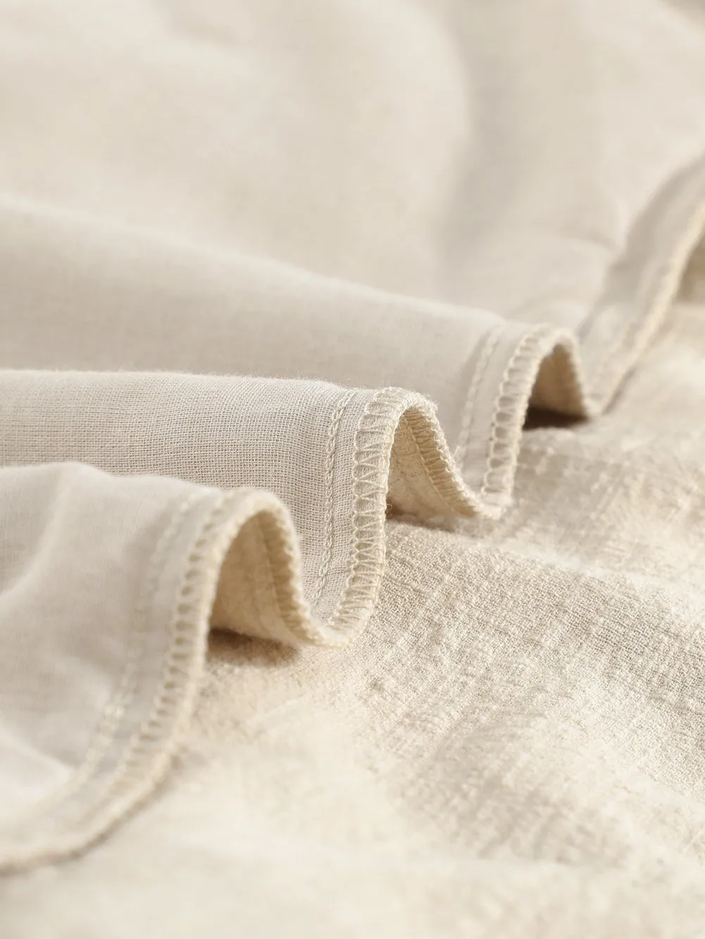 Billowed Puff Sleeve Cotton & Linen Blouse with Crew Neck