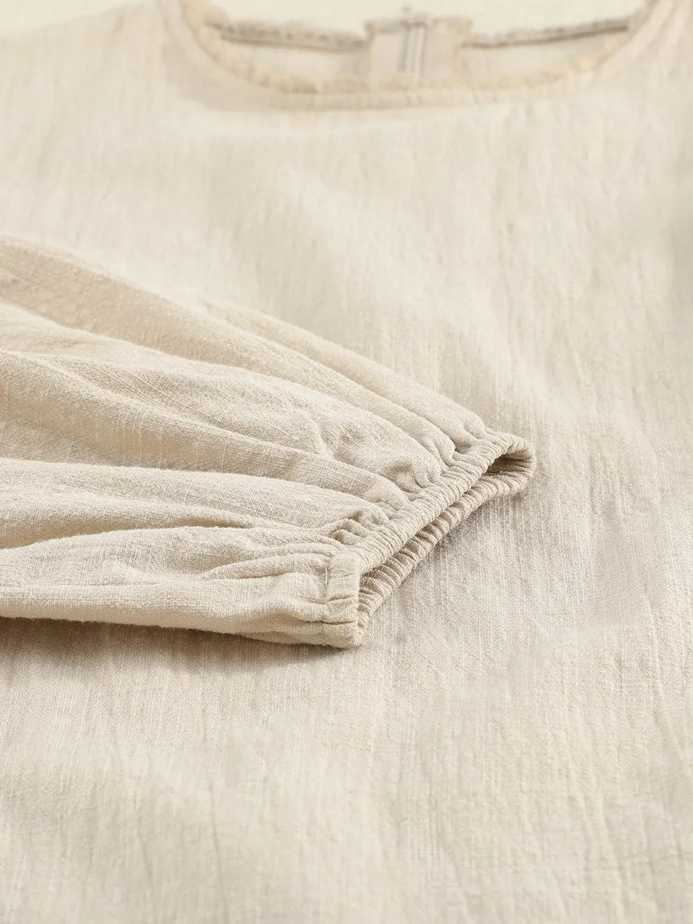 Billowed Puff Sleeve Cotton & Linen Blouse with Crew Neck