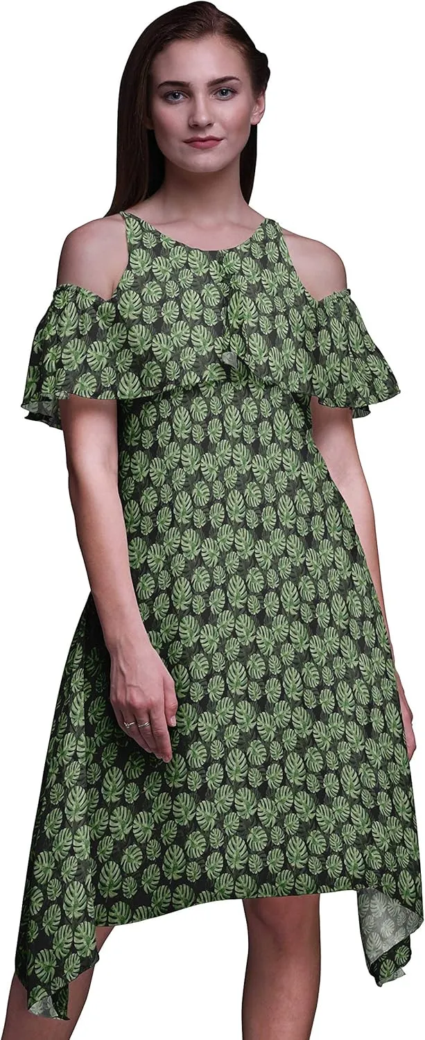 Bimba Moss Georgette Printed Womens Chic Style Cold Shoulder Tunic Party Knee Long Shift Dress