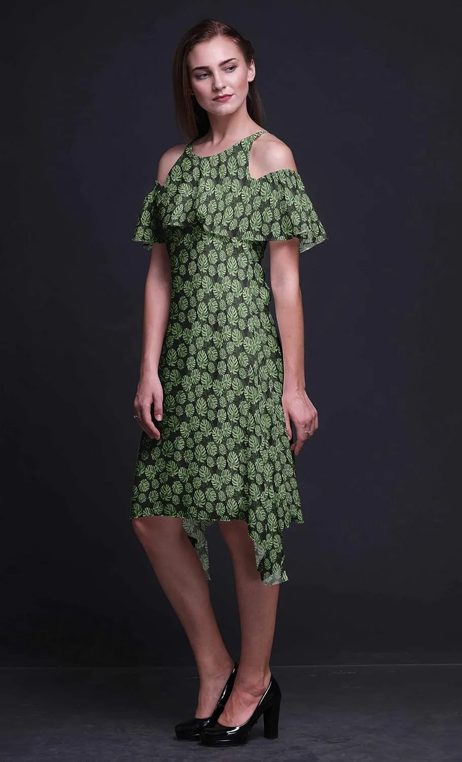 Bimba Moss Georgette Printed Womens Chic Style Cold Shoulder Tunic Party Knee Long Shift Dress