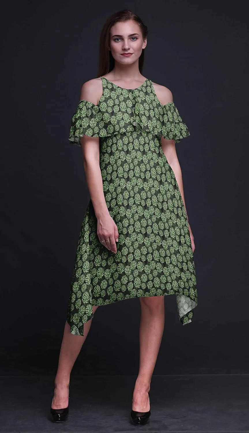 Bimba Moss Georgette Printed Womens Chic Style Cold Shoulder Tunic Party Knee Long Shift Dress