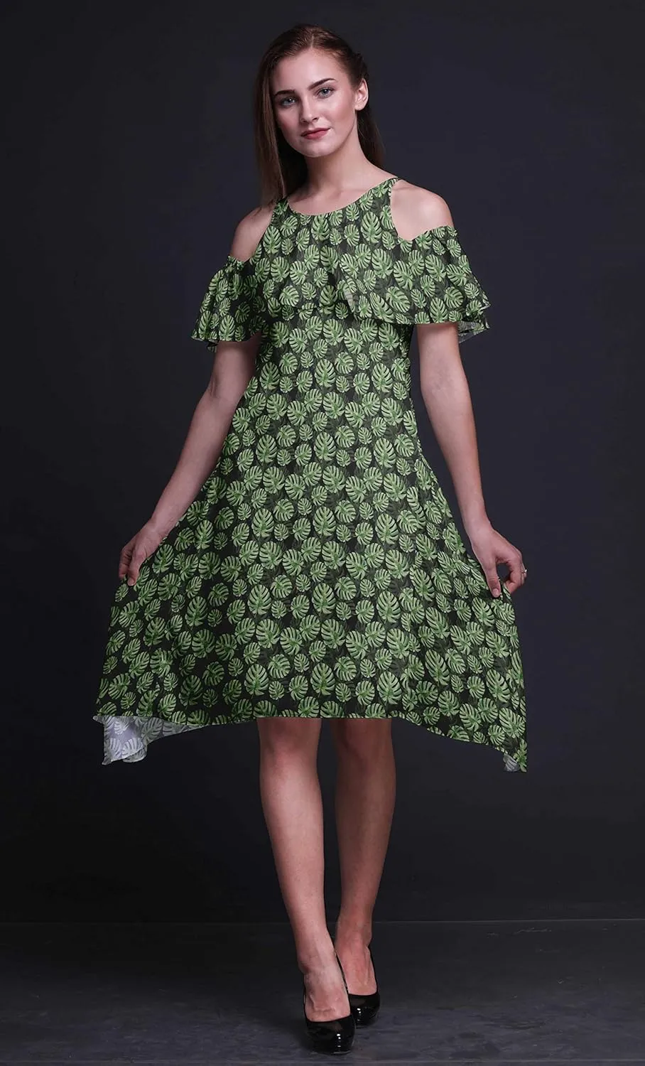 Bimba Moss Georgette Printed Womens Chic Style Cold Shoulder Tunic Party Knee Long Shift Dress