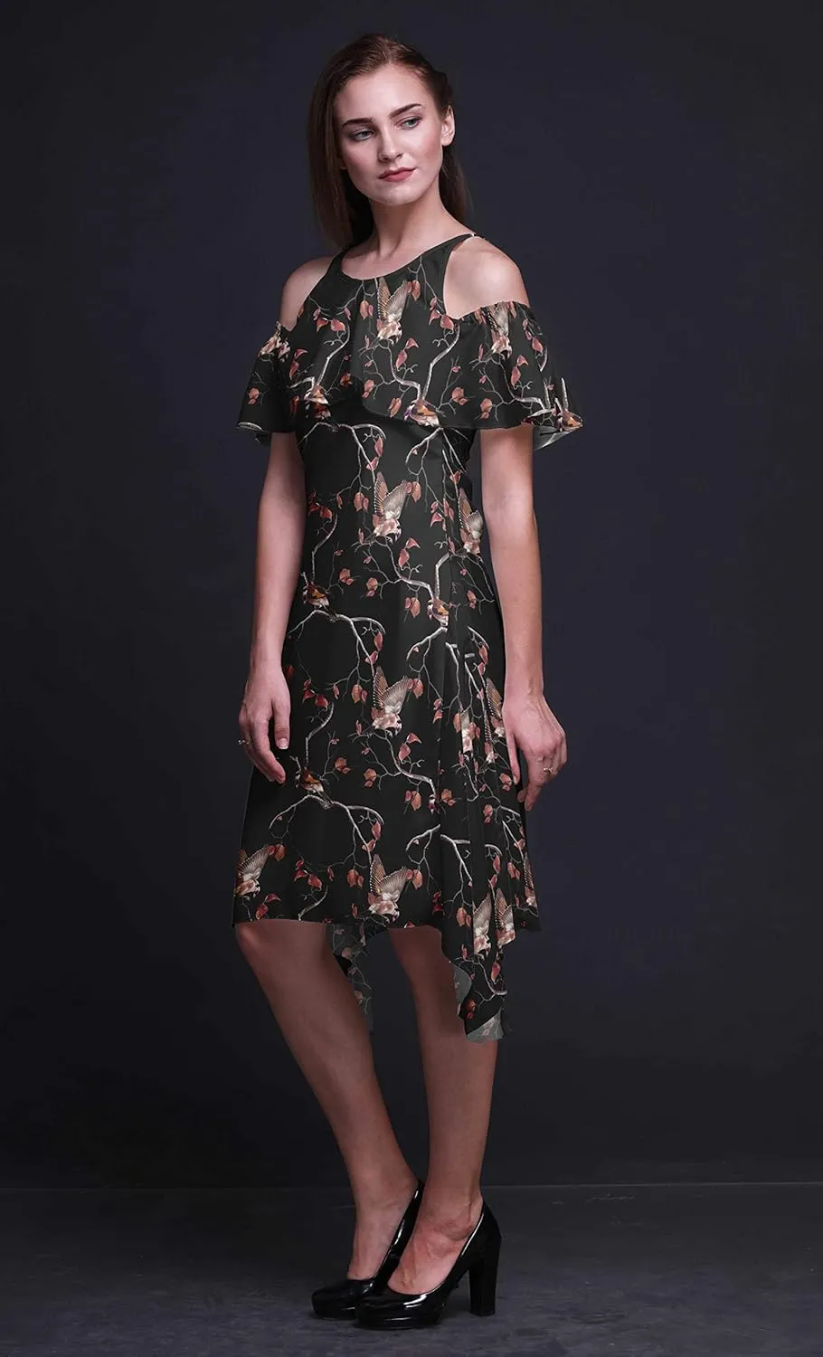 Bimba Moss Georgette Printed Womens Chic Style Cold Shoulder Tunic Party Knee Long Shift Dress