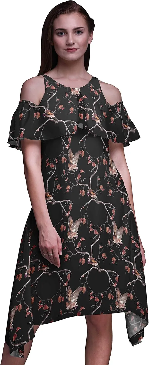 Bimba Moss Georgette Printed Womens Chic Style Cold Shoulder Tunic Party Knee Long Shift Dress