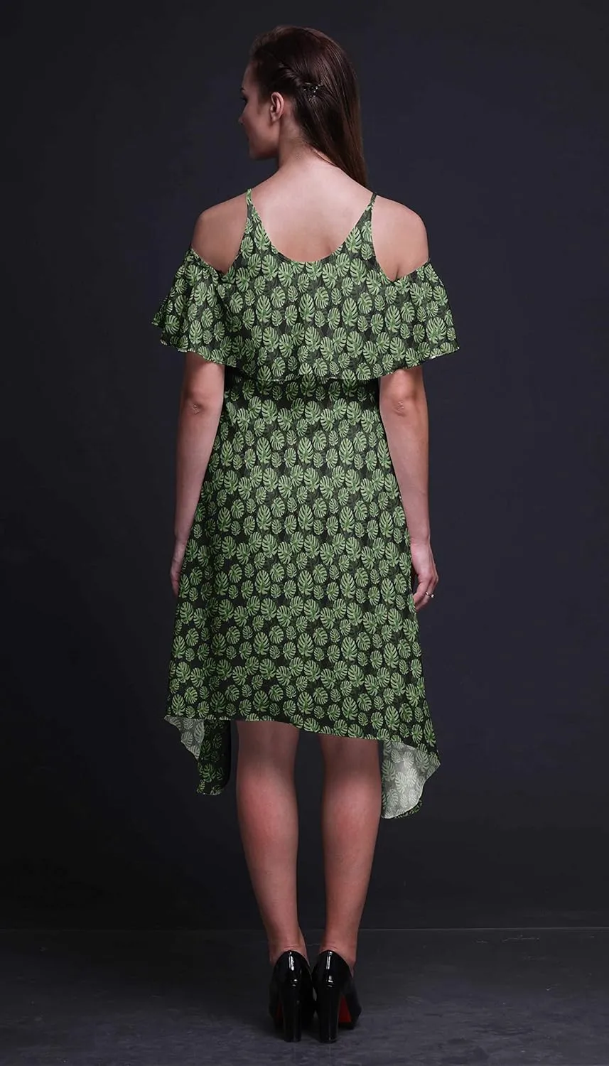 Bimba Moss Georgette Printed Womens Chic Style Cold Shoulder Tunic Party Knee Long Shift Dress
