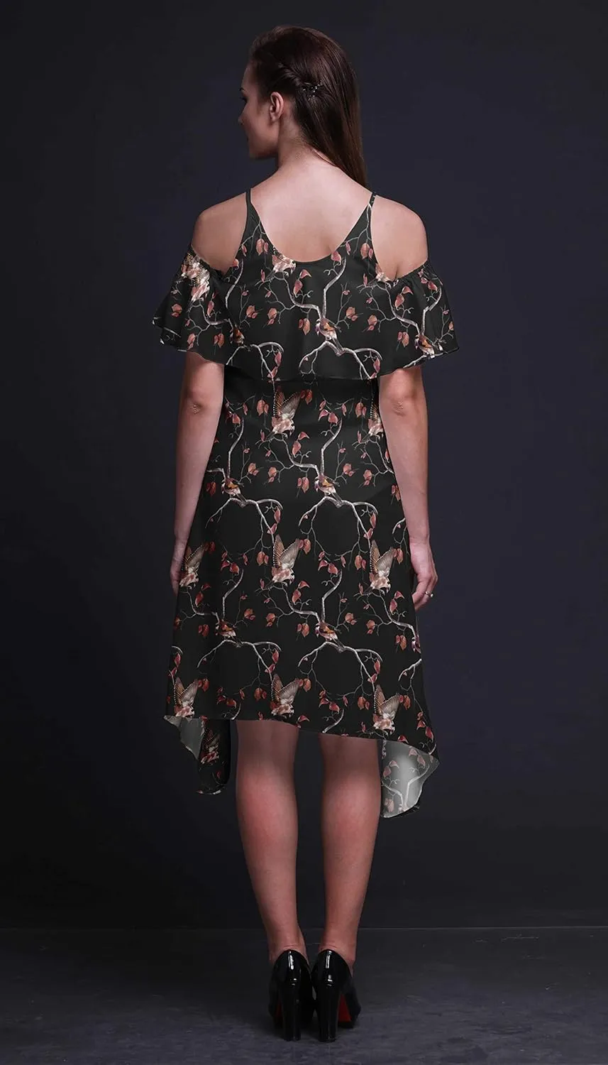Bimba Moss Georgette Printed Womens Chic Style Cold Shoulder Tunic Party Knee Long Shift Dress