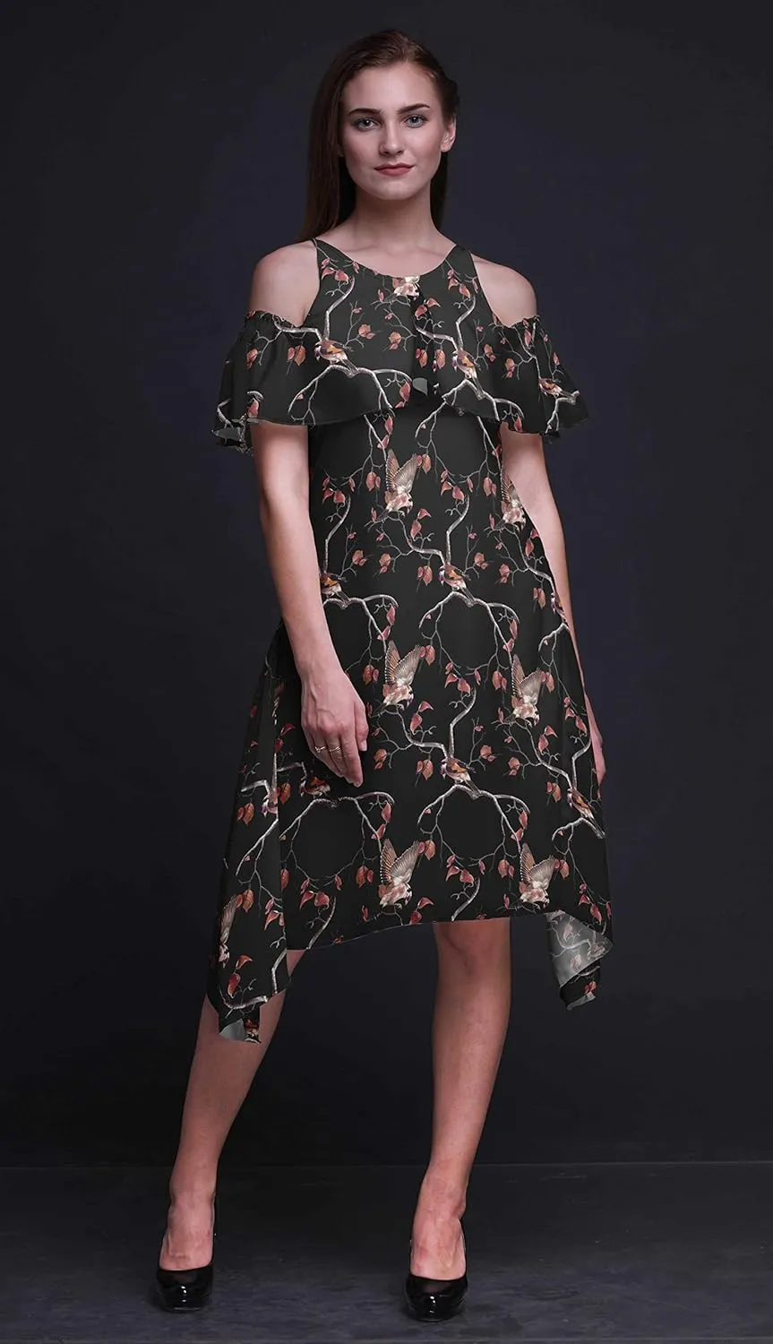 Bimba Moss Georgette Printed Womens Chic Style Cold Shoulder Tunic Party Knee Long Shift Dress