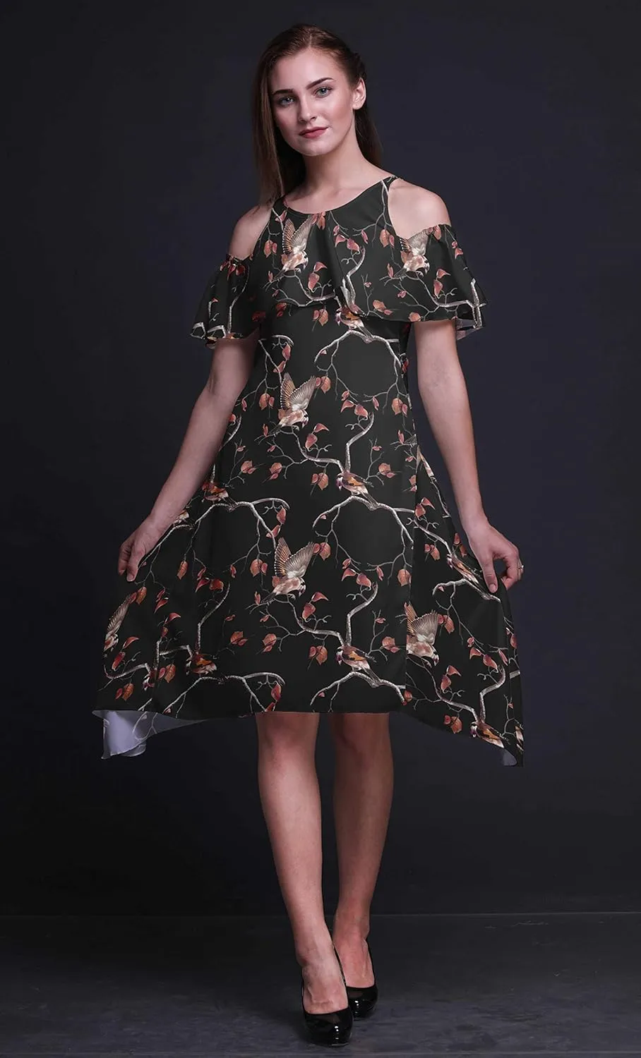 Bimba Moss Georgette Printed Womens Chic Style Cold Shoulder Tunic Party Knee Long Shift Dress