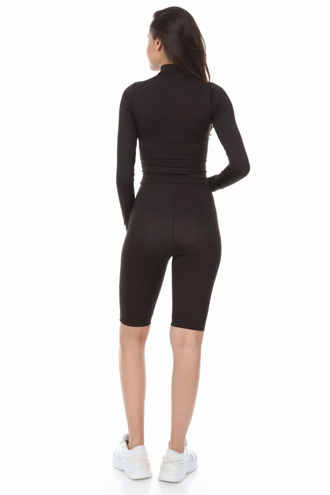 BLACK HIGH NECK ZIP TOP SHORTS CYCLING MATCHING SET