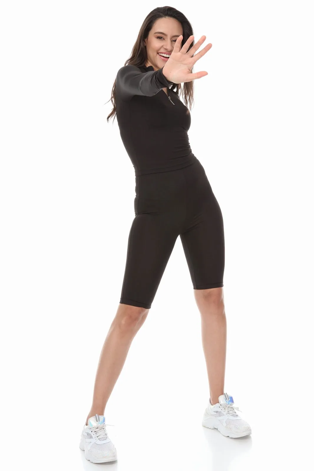 BLACK HIGH NECK ZIP TOP SHORTS CYCLING MATCHING SET