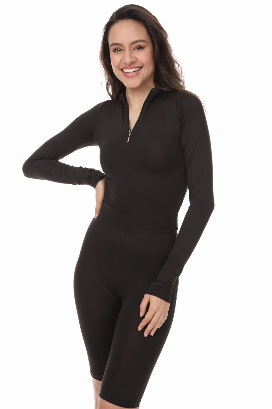 BLACK HIGH NECK ZIP TOP SHORTS CYCLING MATCHING SET