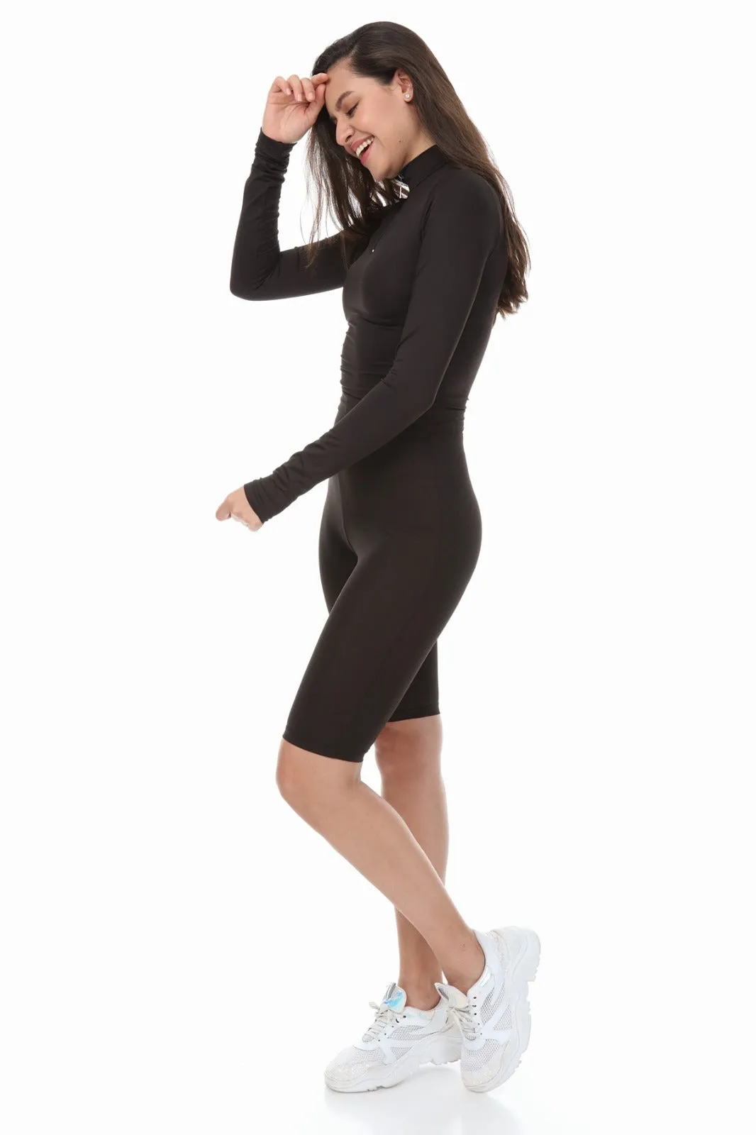 BLACK HIGH NECK ZIP TOP SHORTS CYCLING MATCHING SET