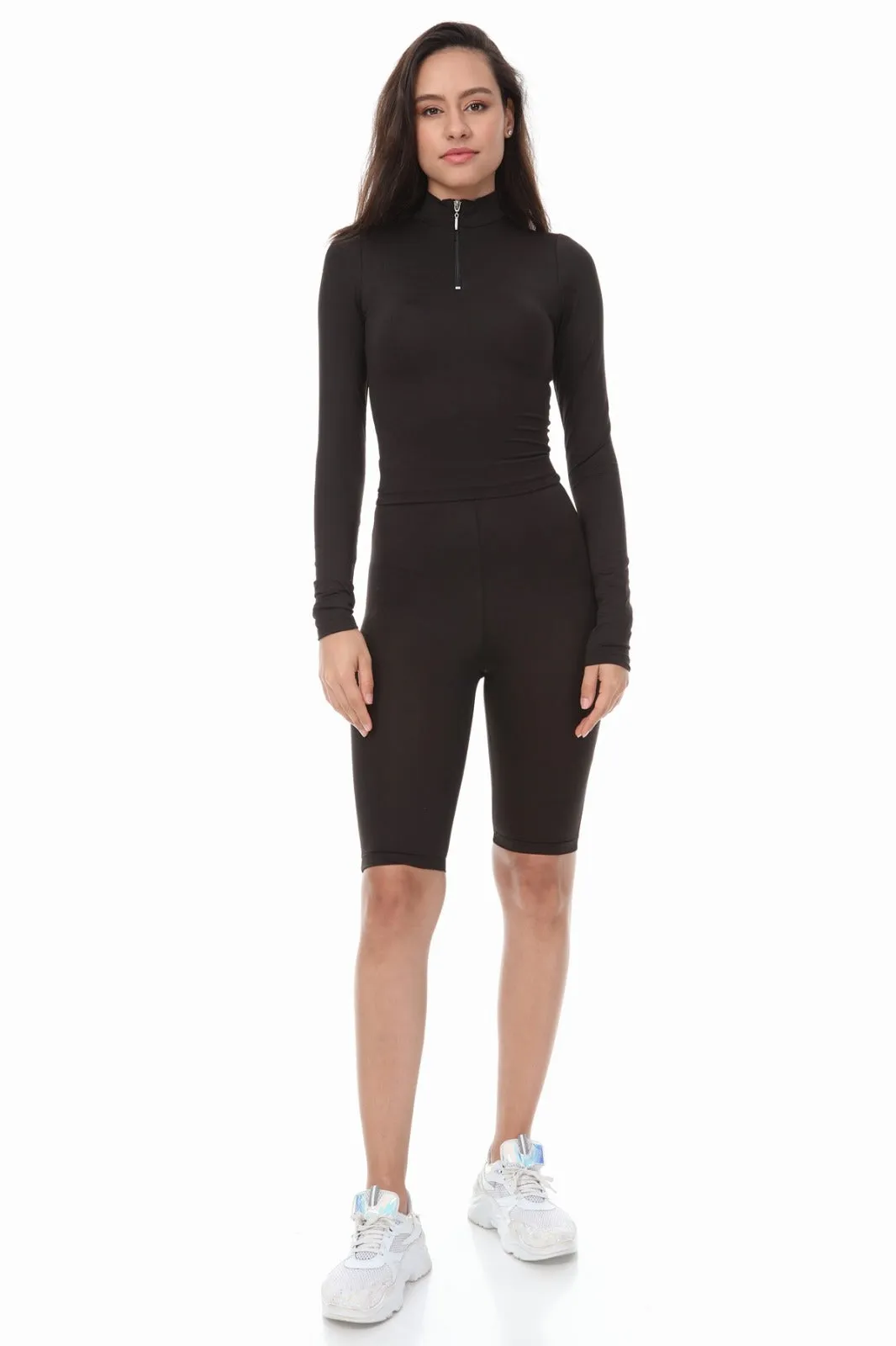 BLACK HIGH NECK ZIP TOP SHORTS CYCLING MATCHING SET