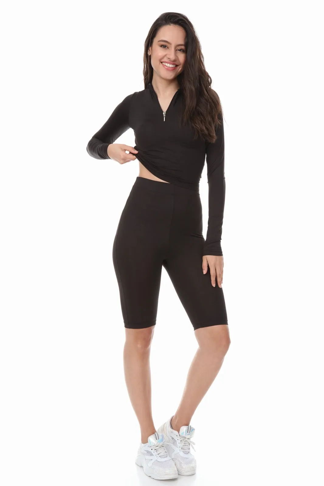 BLACK HIGH NECK ZIP TOP SHORTS CYCLING MATCHING SET