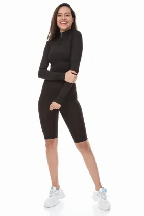 BLACK HIGH NECK ZIP TOP SHORTS CYCLING MATCHING SET