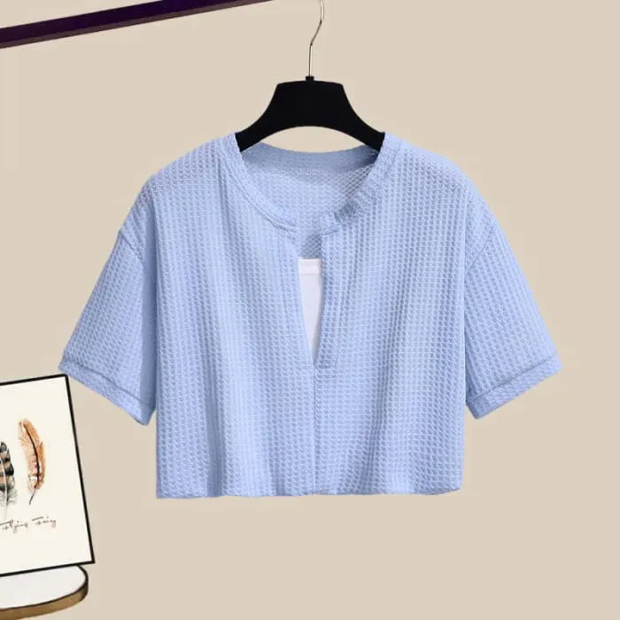 Blue Crop Top T-shirt Flouncing Skirt