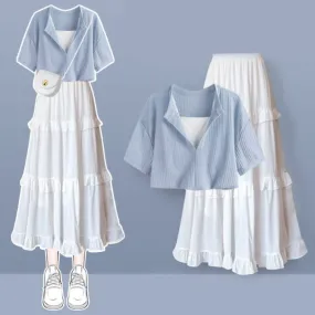 Blue Crop Top T-shirt Flouncing Skirt