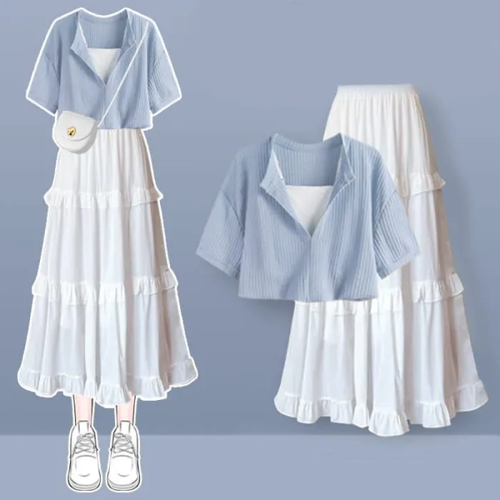 Blue Crop Top T-shirt Flouncing Skirt