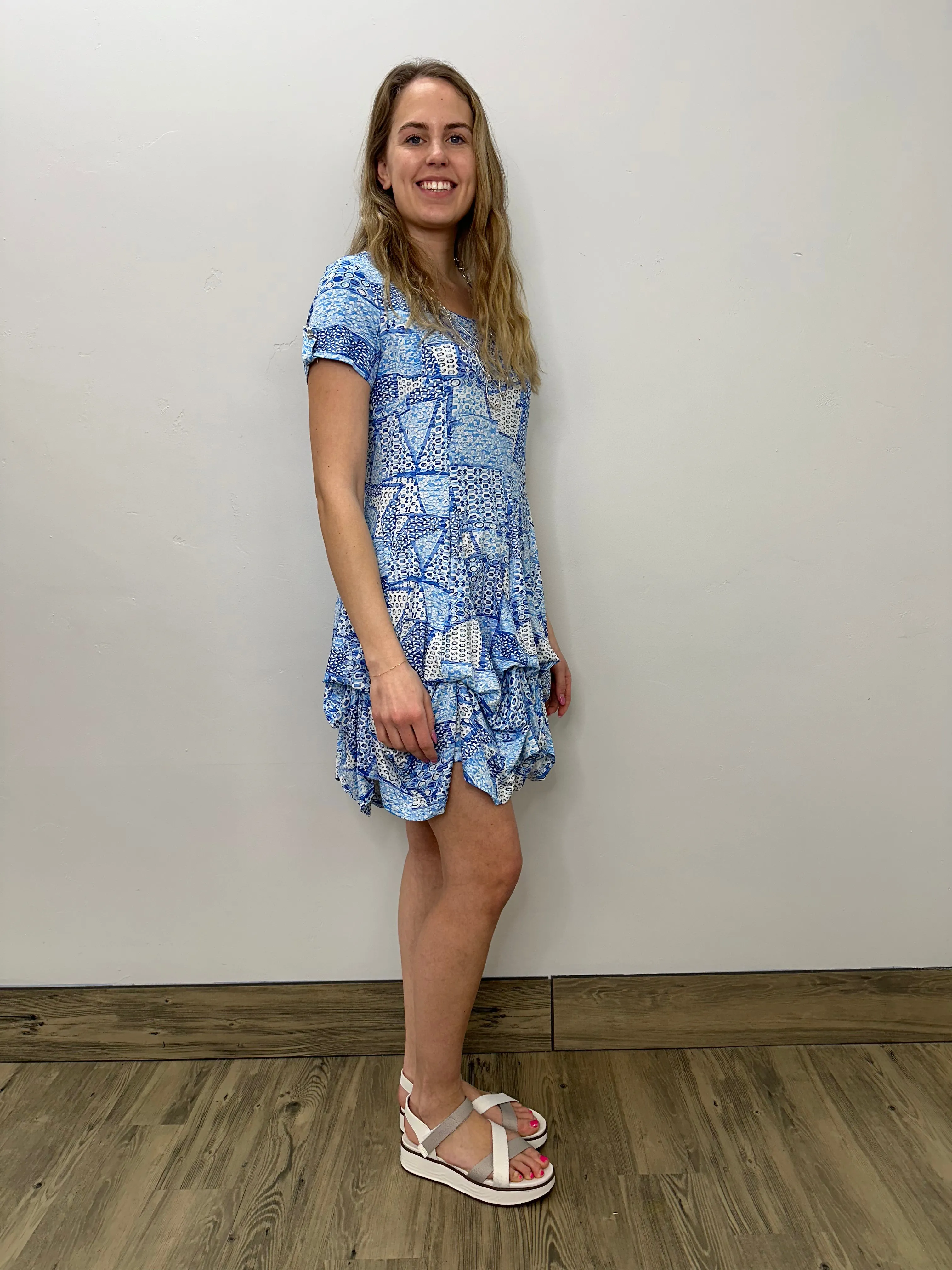 Blue Pattern Short Sleeve Bubble Dress