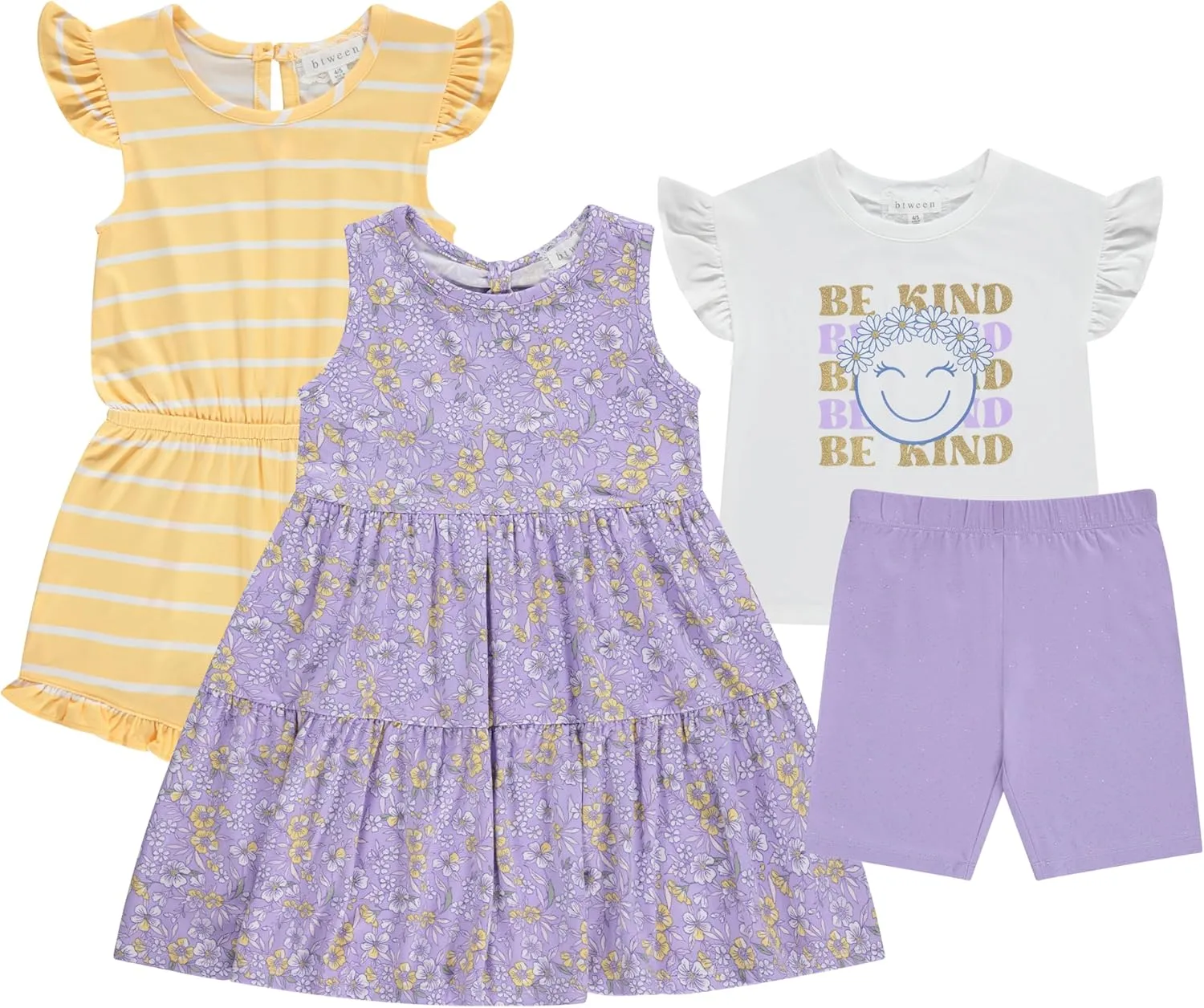 BTween Girls Mix and Match Set 4-Pack Soft Cotton Blend, Shirt. Biker Short, Dress and Romper