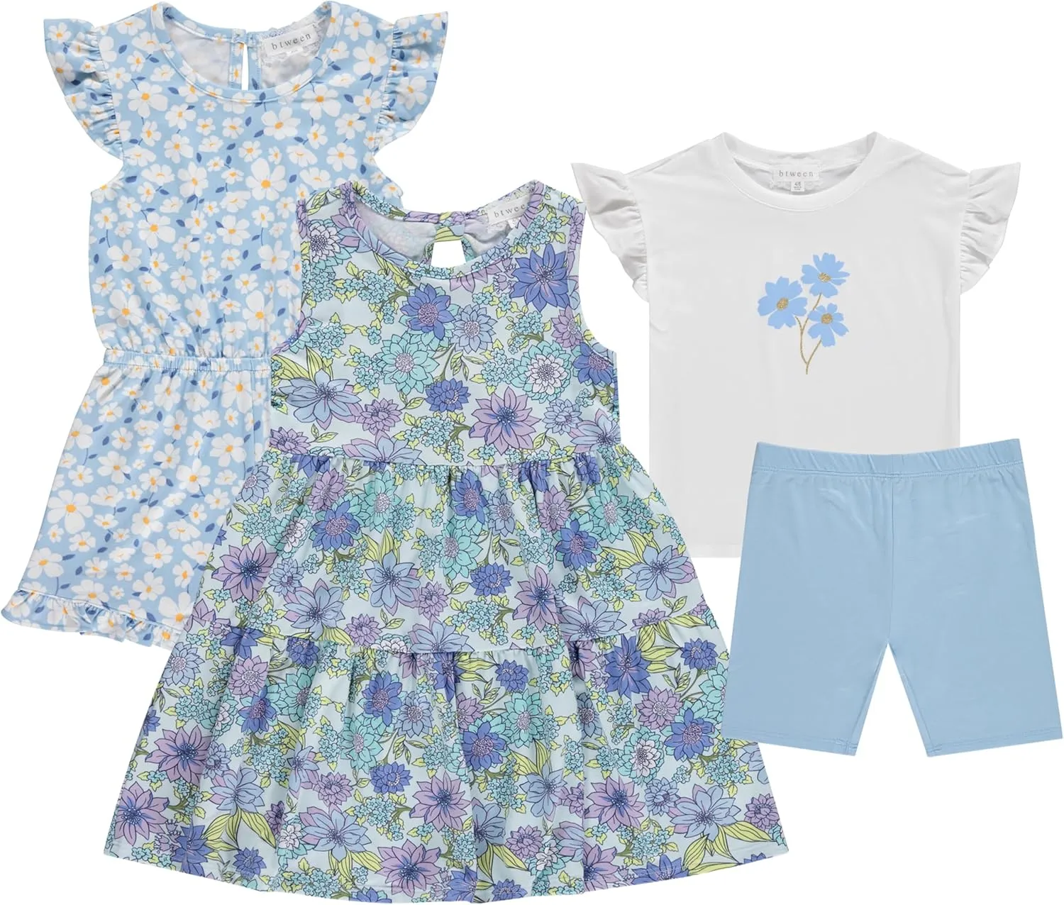 BTween Girls Mix and Match Set 4-Pack Soft Cotton Blend, Shirt. Biker Short, Dress and Romper