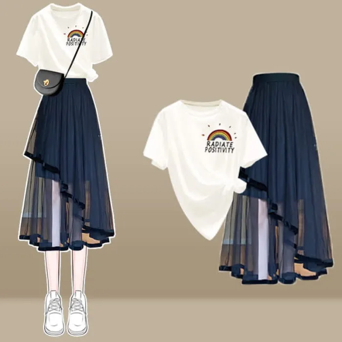 Cartoon Bow Print T-Shirt Irregular Tulle SKirt Set