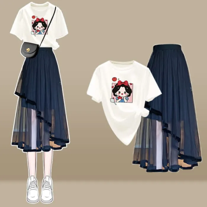 Cartoon Bow Print T-Shirt Irregular Tulle SKirt Set