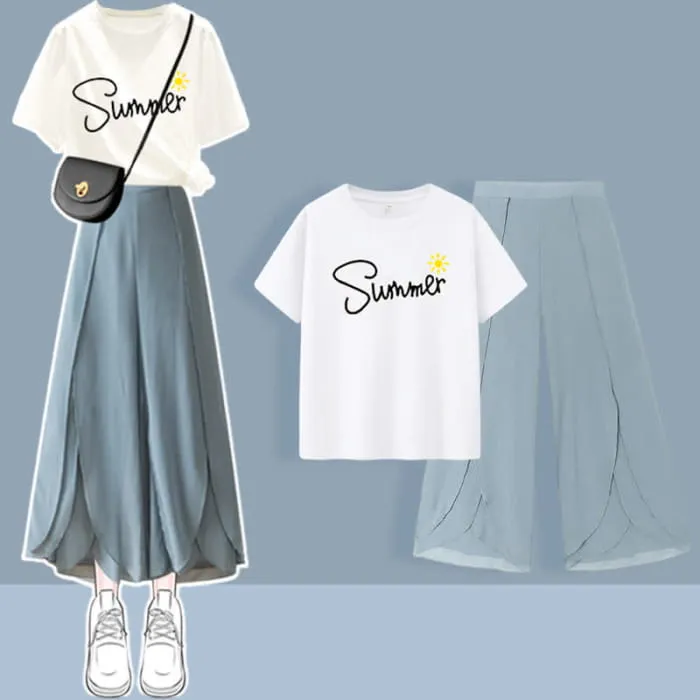 Chic Printed T-Shirt Chiffon Split Pants Set