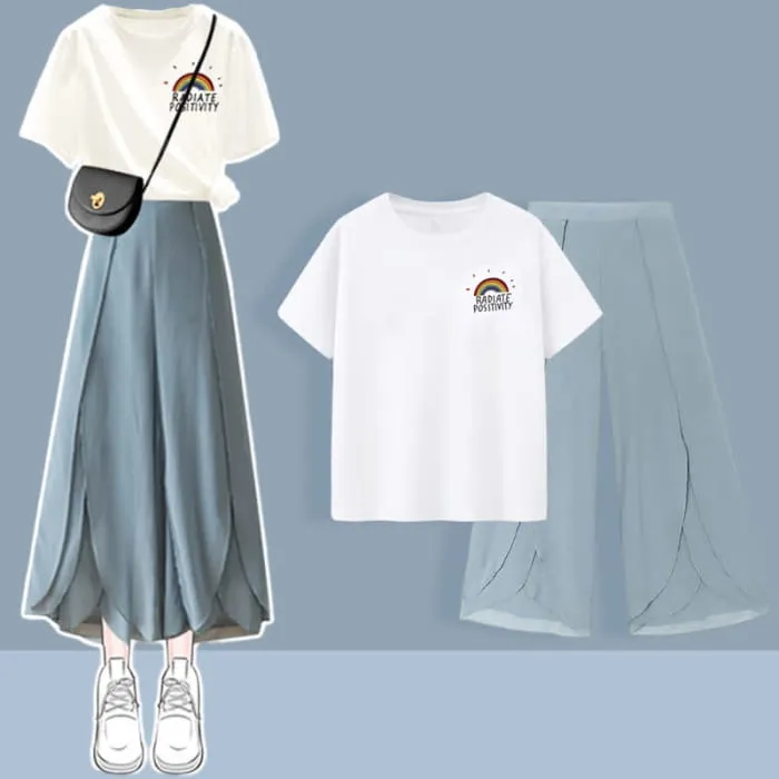 Chic Printed T-Shirt Chiffon Split Pants Set