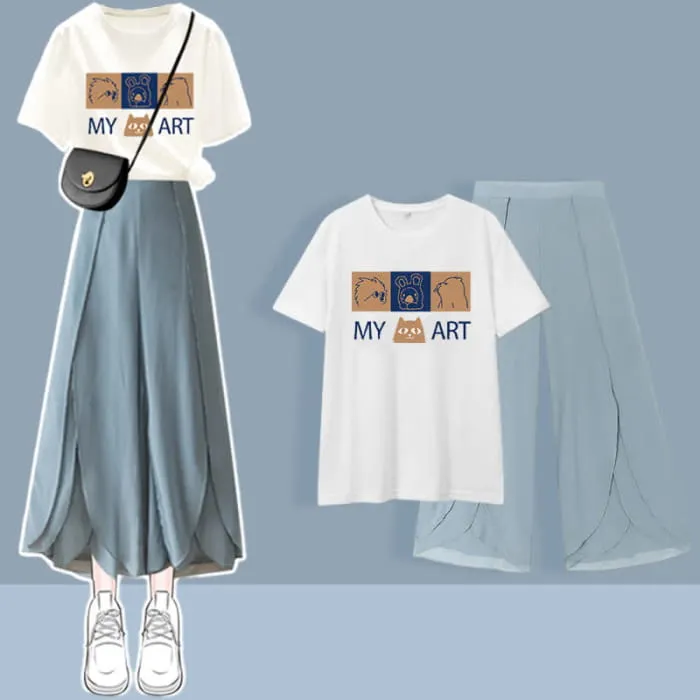 Chic Printed T-Shirt Chiffon Split Pants Set