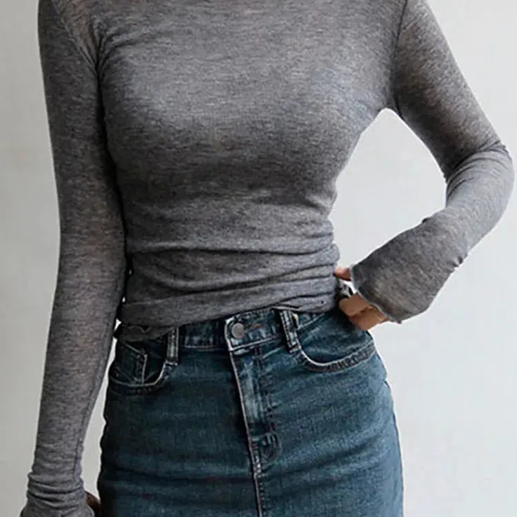 Chic Women's Slim-Fit Long Sleeve T-Shirt - Soft Cotton Blend, Sexy Sheer Design, Perfect for Casual Spring/Summer Wear