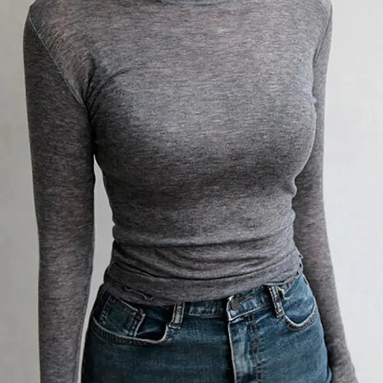 Chic Women's Slim-Fit Long Sleeve T-Shirt - Soft Cotton Blend, Sexy Sheer Design, Perfect for Casual Spring/Summer Wear