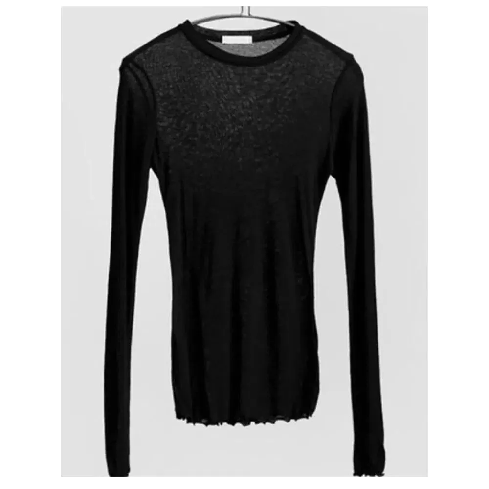 Chic Women's Slim-Fit Long Sleeve T-Shirt - Soft Cotton Blend, Sexy Sheer Design, Perfect for Casual Spring/Summer Wear