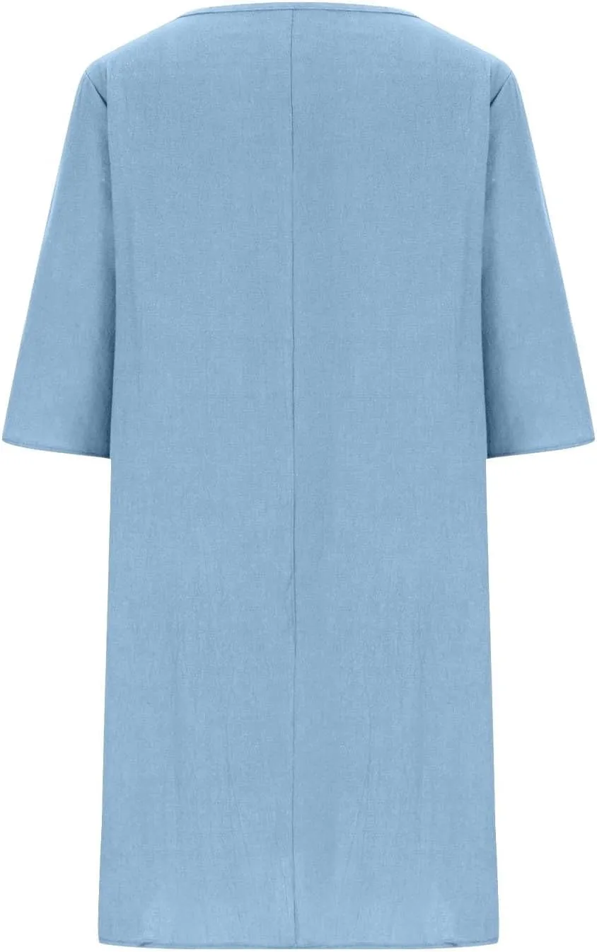 Cotton Linen Dress Women Casual Summer Midi Dresses T Shirt Dress Short Sleeve Beach Vacation Mini Sundress Trendy
