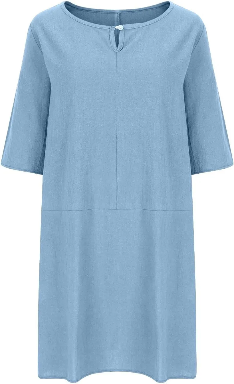 Cotton Linen Dress Women Casual Summer Midi Dresses T Shirt Dress Short Sleeve Beach Vacation Mini Sundress Trendy