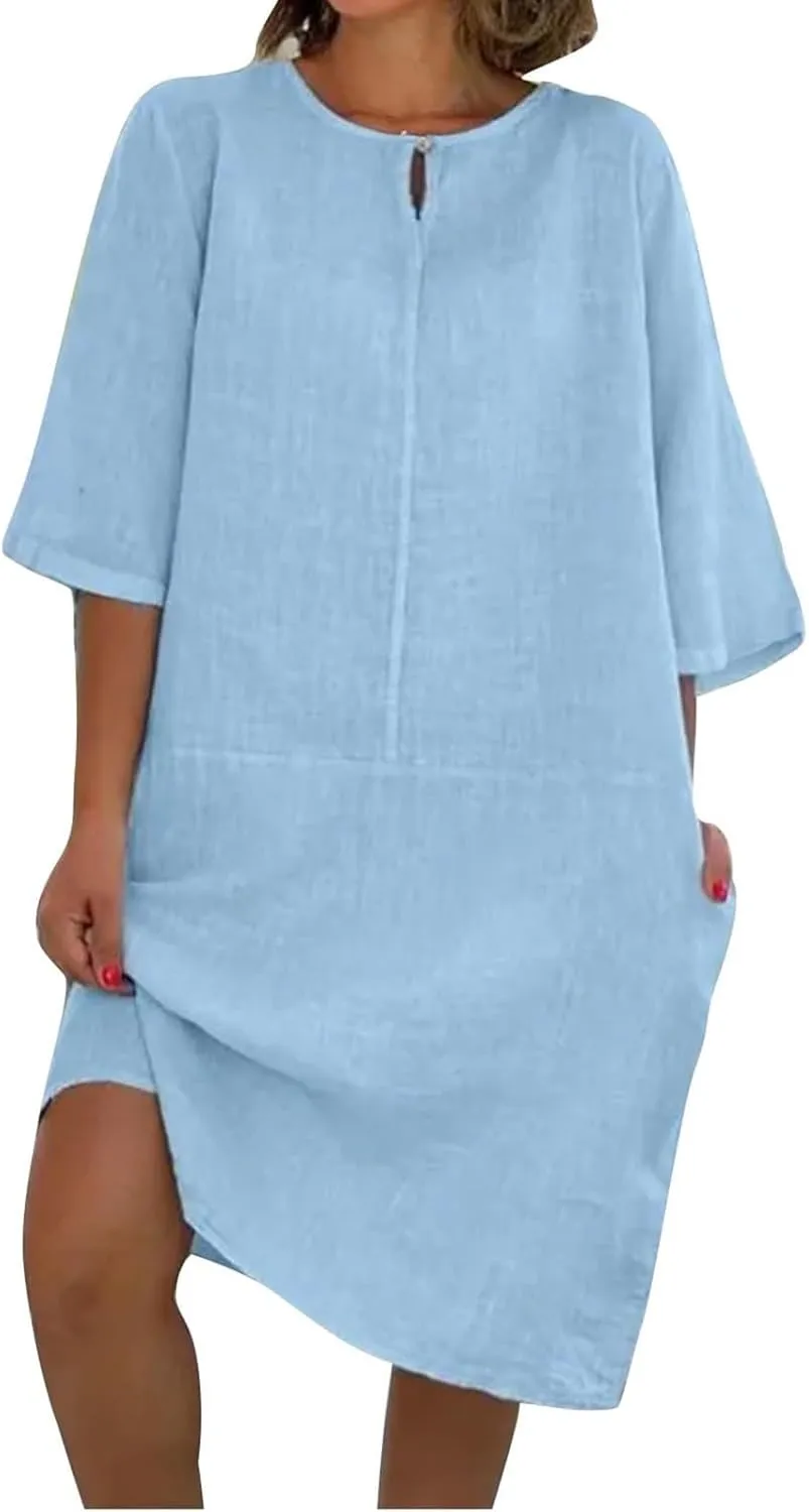 Cotton Linen Dress Women Casual Summer Midi Dresses T Shirt Dress Short Sleeve Beach Vacation Mini Sundress Trendy