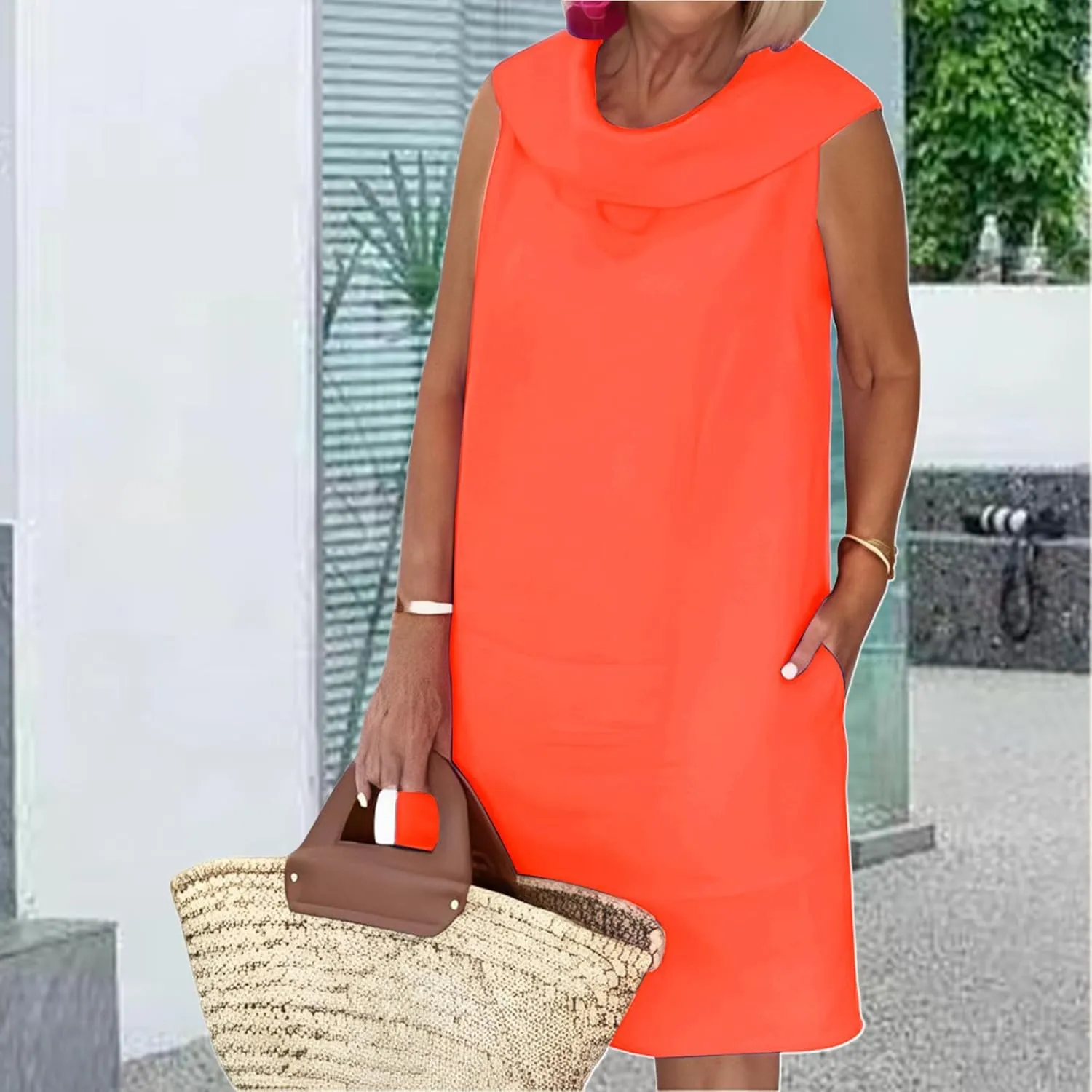 Cotton Linen Dress Women Summer Casual Midi Dresses for Women Sleeveless Dressy Elegant Turltneck Sundress Pockets