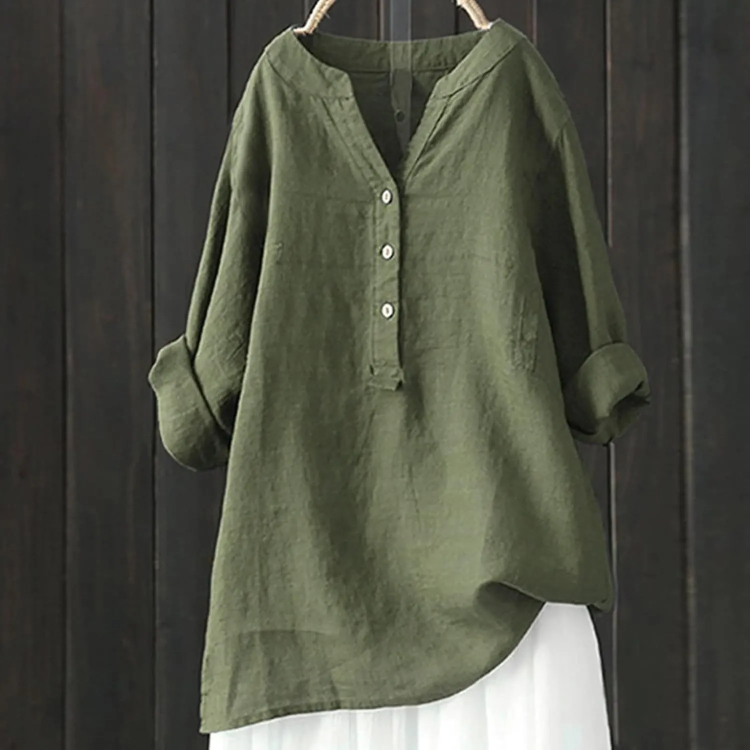 Cotton Linen Roll Up Shirt Women Lapel Collar Button Up Shirts Long Sleeve Tee Top Oversized Comfortable Summer Shirt